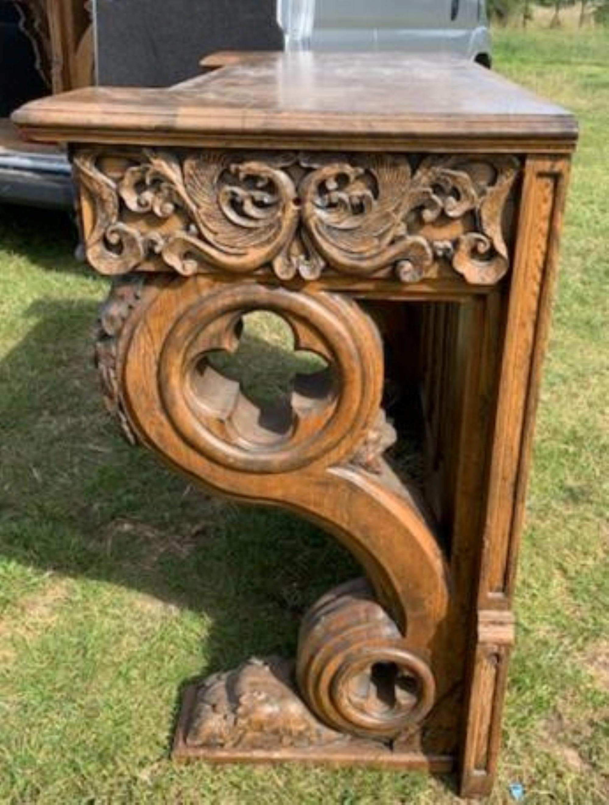 Hand-Carved Pair of Antique Gothic Console Tables and Mirrors from Manchester Town Hall For Sale