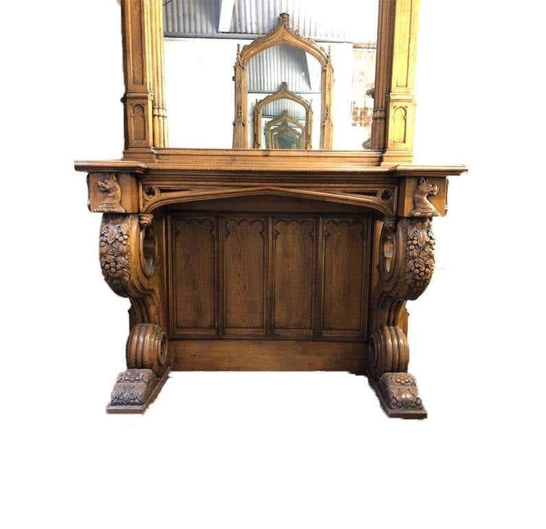 Hand-Carved Pair of Antique Gothic Console Tables and Mirrors from Manchester Town Hall For Sale