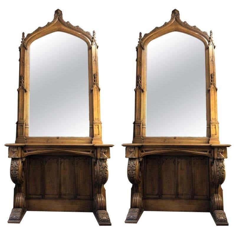 Glass Pair of Antique Gothic Console Tables and Mirrors from Manchester Town Hall For Sale