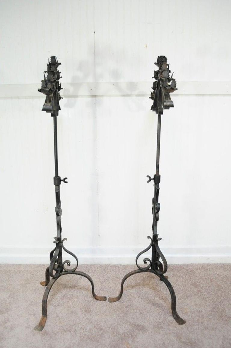 Pair of Antique Gothic Mission Arts & Crafts Wrought Iron Candelabras Church 5