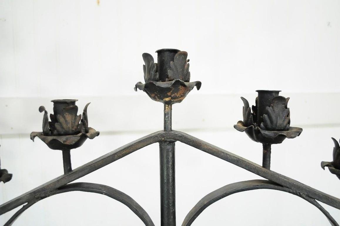 Pair of Antique Gothic Mission Arts & Crafts Wrought Iron Candelabras Church In Good Condition In Philadelphia, PA