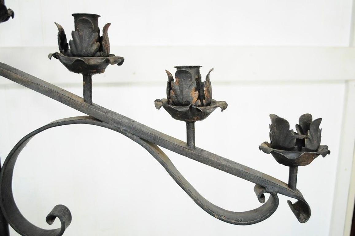 20th Century Pair of Antique Gothic Mission Arts & Crafts Wrought Iron Candelabras Church
