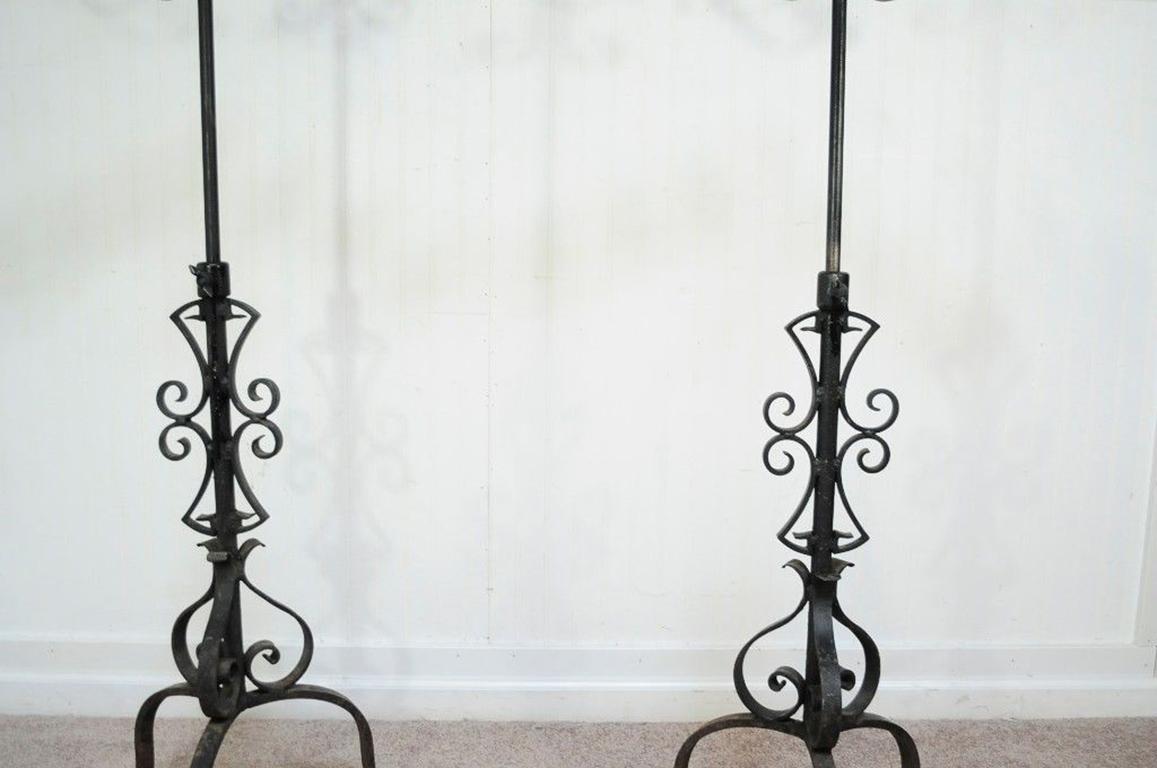 Pair of Antique Gothic Mission Arts & Crafts Wrought Iron Candelabras Church 3