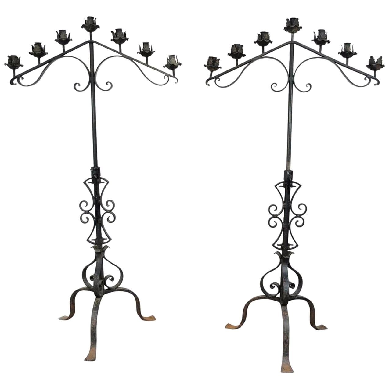 Pair of Antique Gothic Mission Arts & Crafts Wrought Iron Candelabras Church