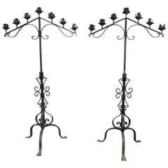 Pair of Antique Gothic Mission Arts & Crafts Wrought Iron Candelabras Church