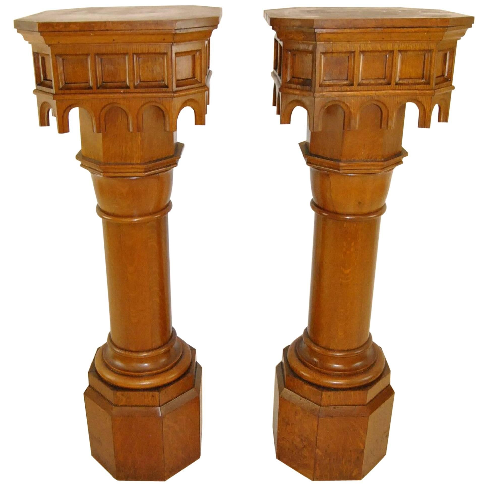 Pair of Antique Gothic Oak Pillars / Pedestals 53 1/2"