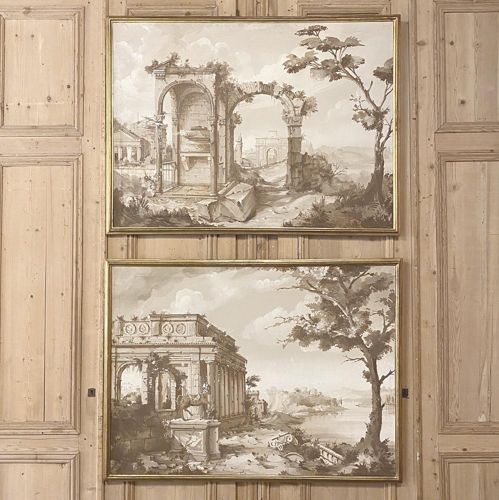 Pair of antique grand framed gouache paintings of Roman Ruins are sold only as a pair, and together make an incredible pairing for your room! The muted sepia tones against the white background make for a pleasing palette, and emphasize the classical