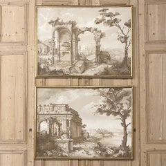 Coppia di antichi dipinti a guazzo con cornice di grandi dimensioni raffiguranti rovine romane