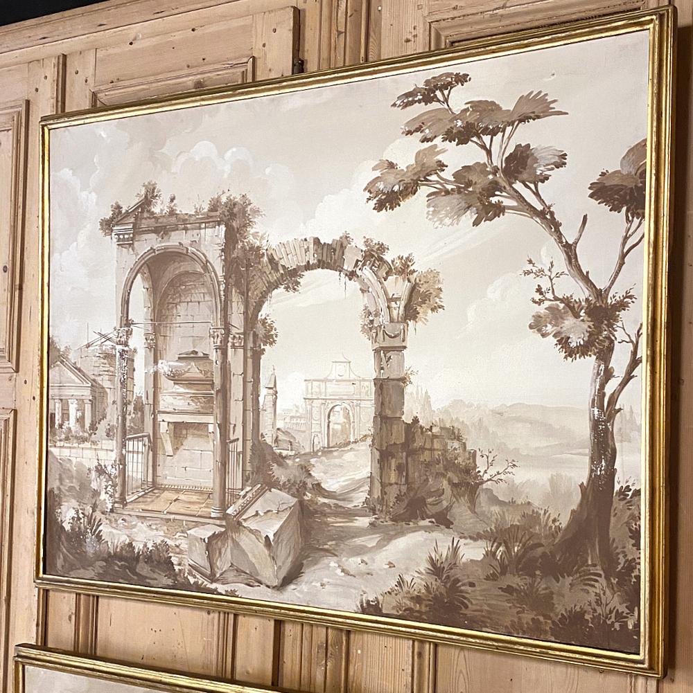 French Pair of Antique Grand Framed Gouache Paintings of Roman Ruins