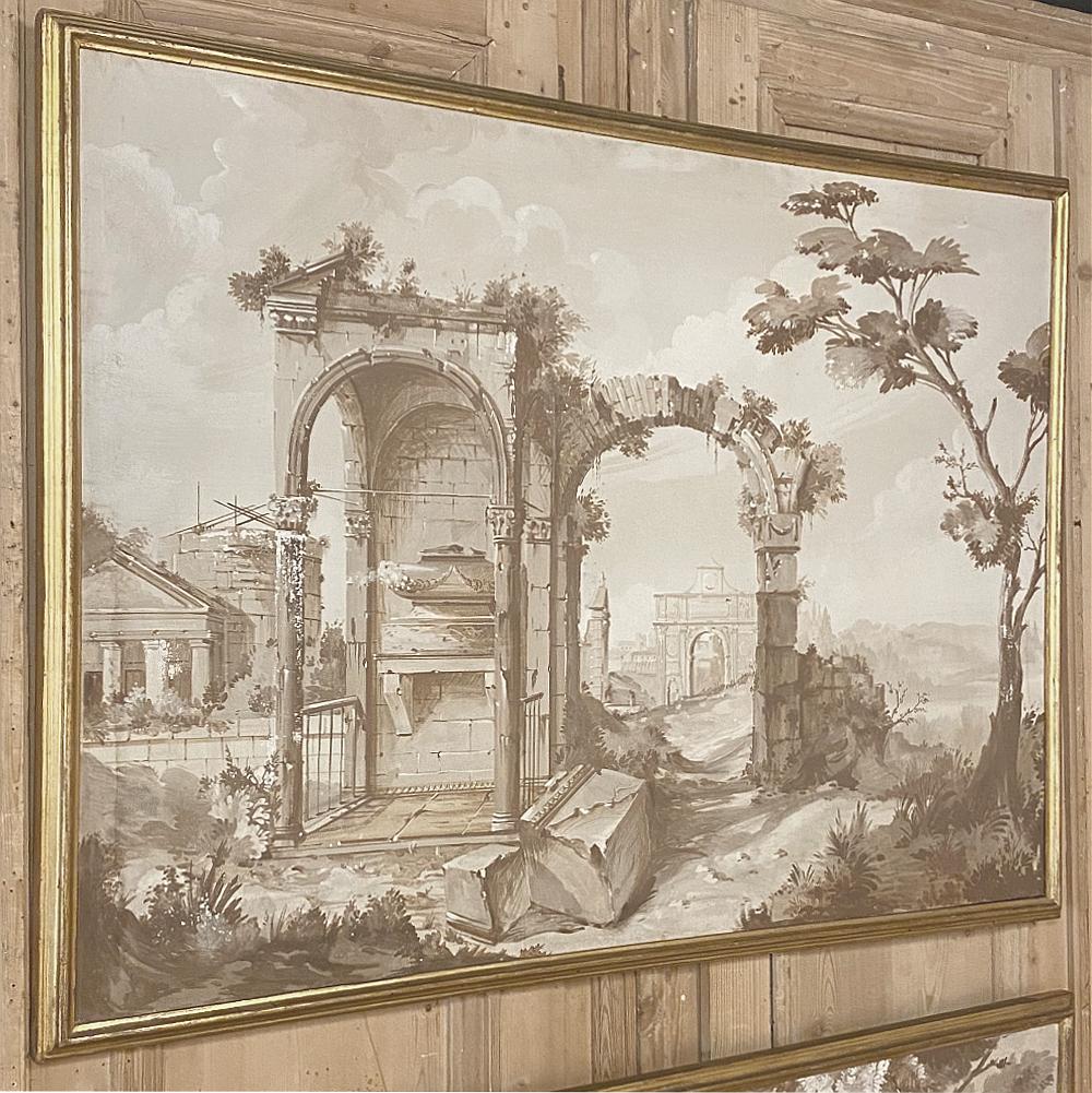 Hand-Painted Pair of Antique Grand Framed Gouache Paintings of Roman Ruins