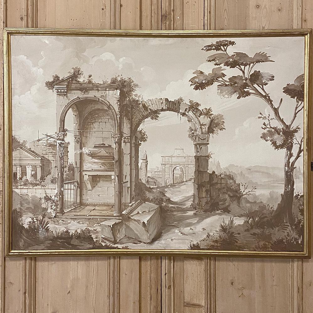 Pair of Antique Grand Framed Gouache Paintings of Roman Ruins In Good Condition In Dallas, TX