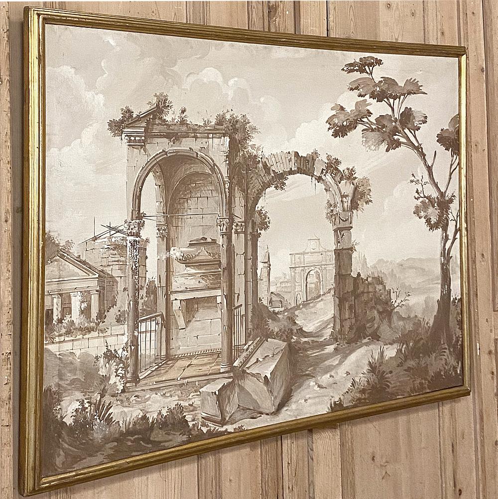20th Century Pair of Antique Grand Framed Gouache Paintings of Roman Ruins