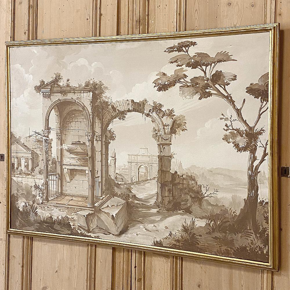 Canvas Pair of Antique Grand Framed Gouache Paintings of Roman Ruins