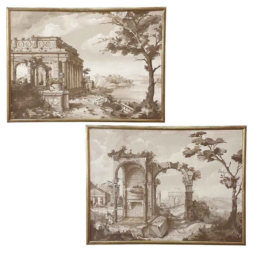 Pair of Antique Grand Framed Gouache Paintings of Roman Ruins