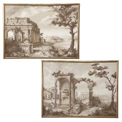 Pair of Antique Grand Framed Gouache Paintings of Roman Ruins