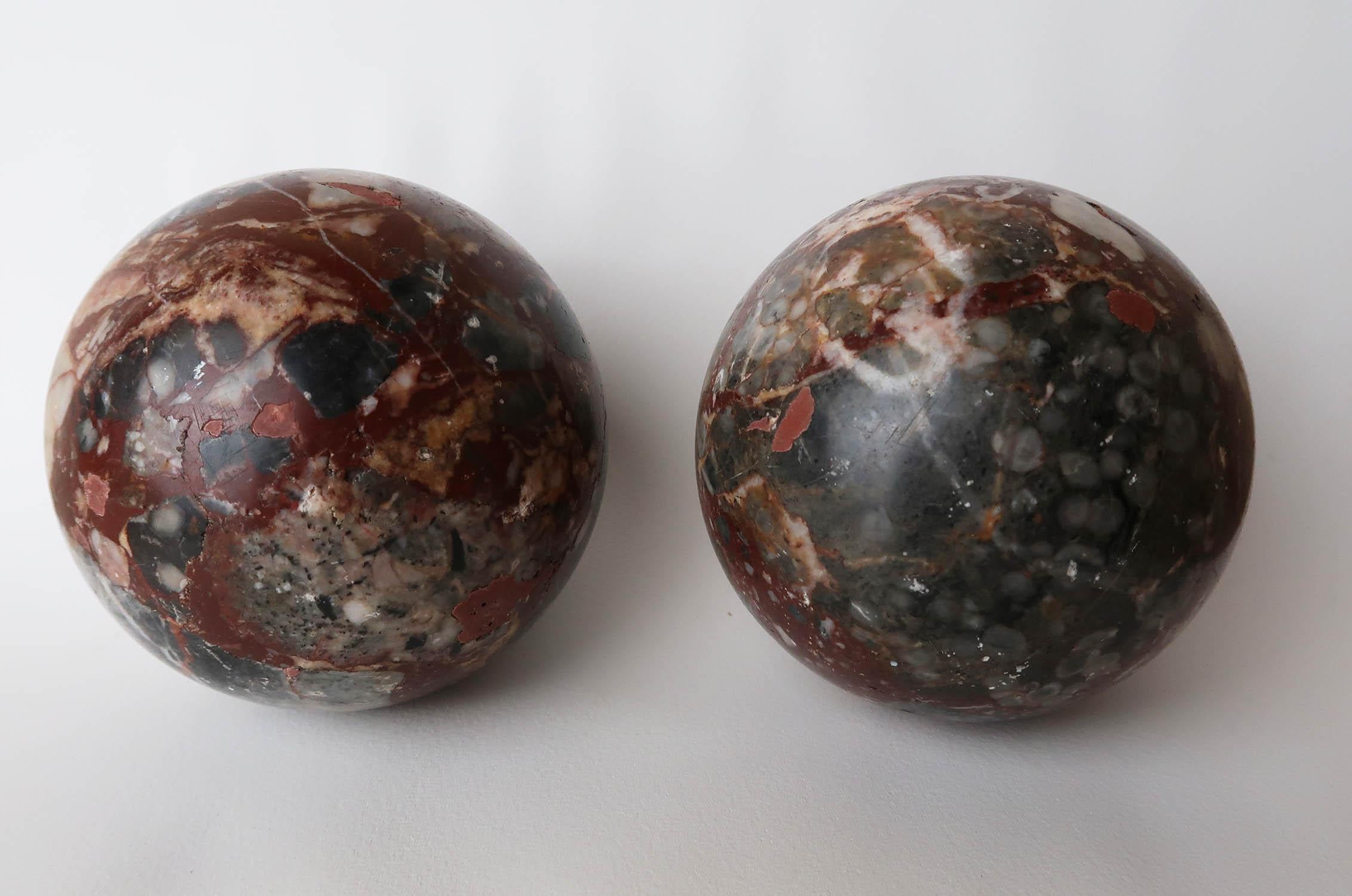 Turned Pair of Antique Grand Tour Breccia Marble Orbs. Italy C.1850