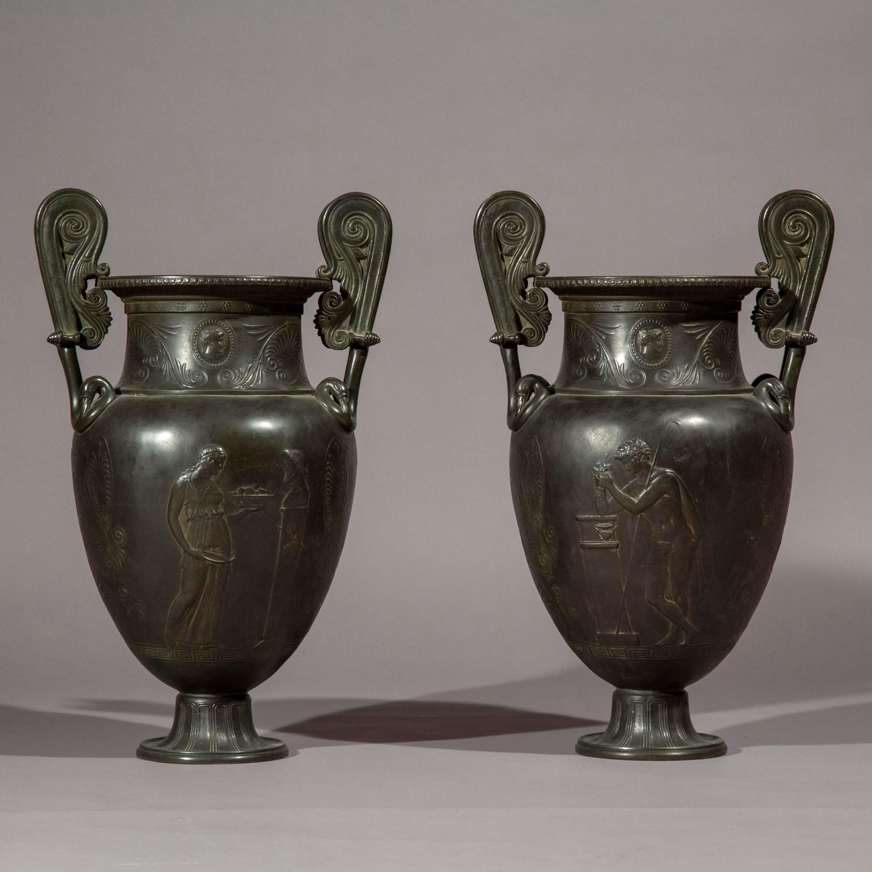 Pair of Antique Grand Tour Bronze Volute Krater Vases, 19th Century 12
