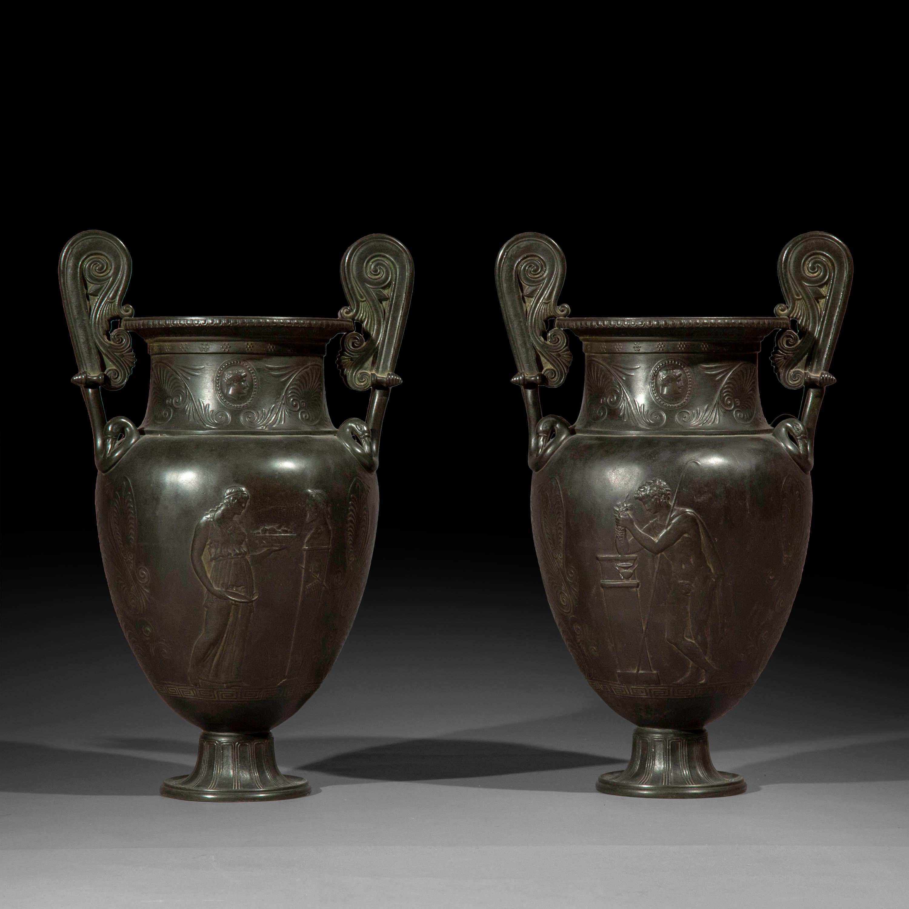 Pair of Antique Grand Tour Bronze Volute Krater Vases, 19th Century 3
