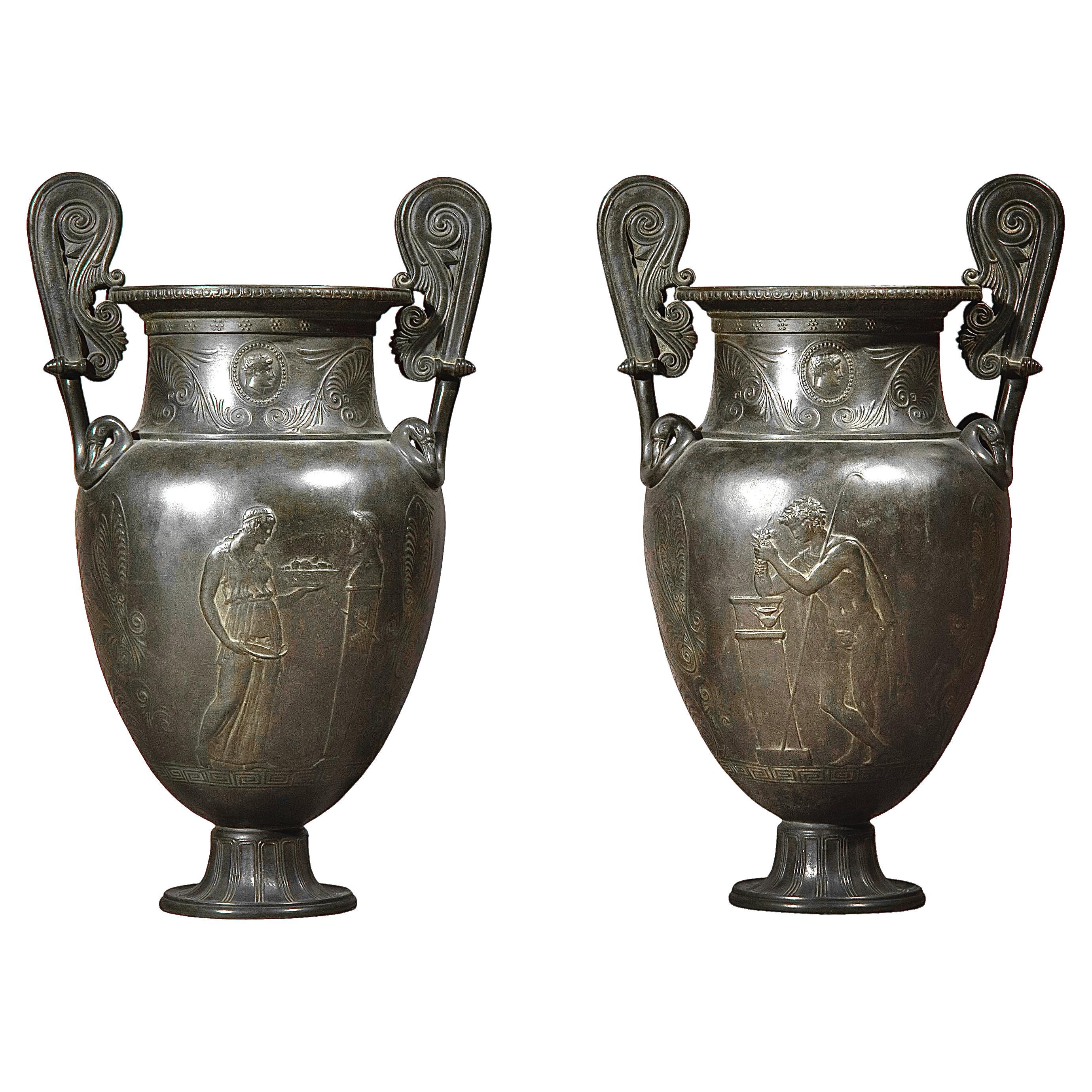 Pair of Antique Grand Tour Bronze Volute Krater Vases, 19th Century