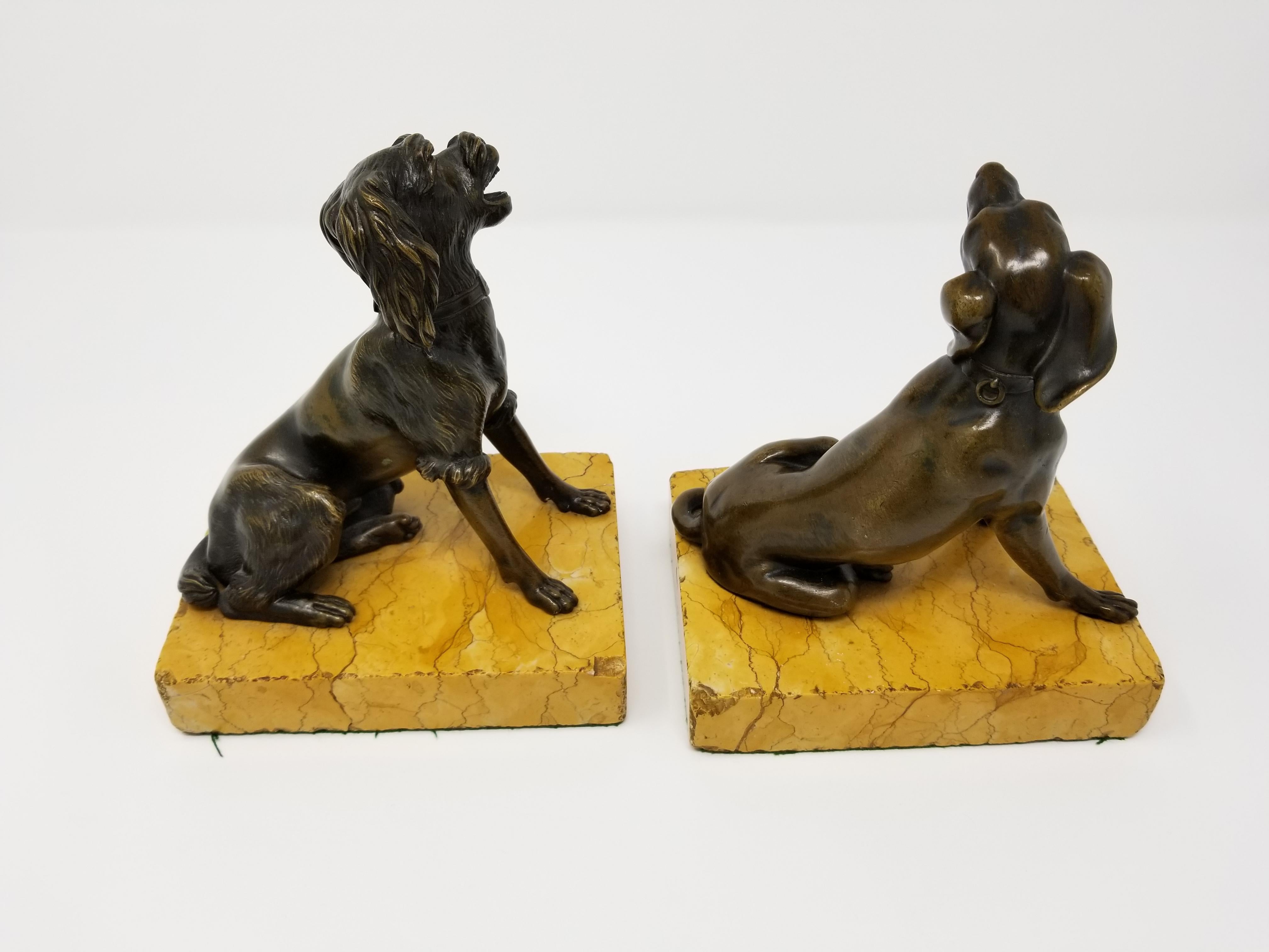 Italian Pair of Antique Grand Tour Patinated Bronze Dogs Seated on Sienna Marble Plinths For Sale