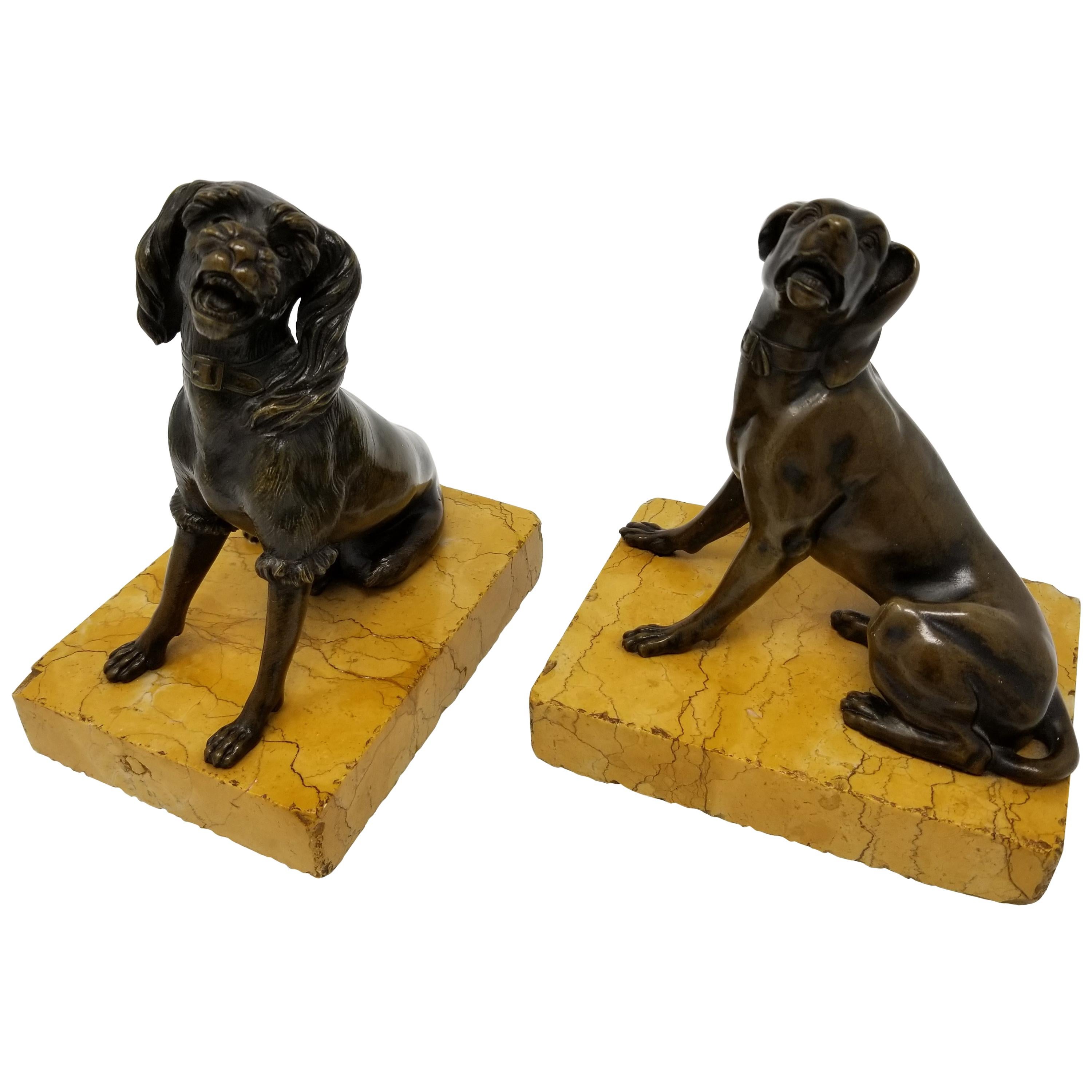 Pair of Antique Grand Tour Patinated Bronze Dogs Seated on Sienna Marble Plinths For Sale