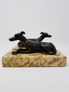 Pair of Antique Grand Tour Patinated Bronze Grey Hounds Seated Marble Plinths