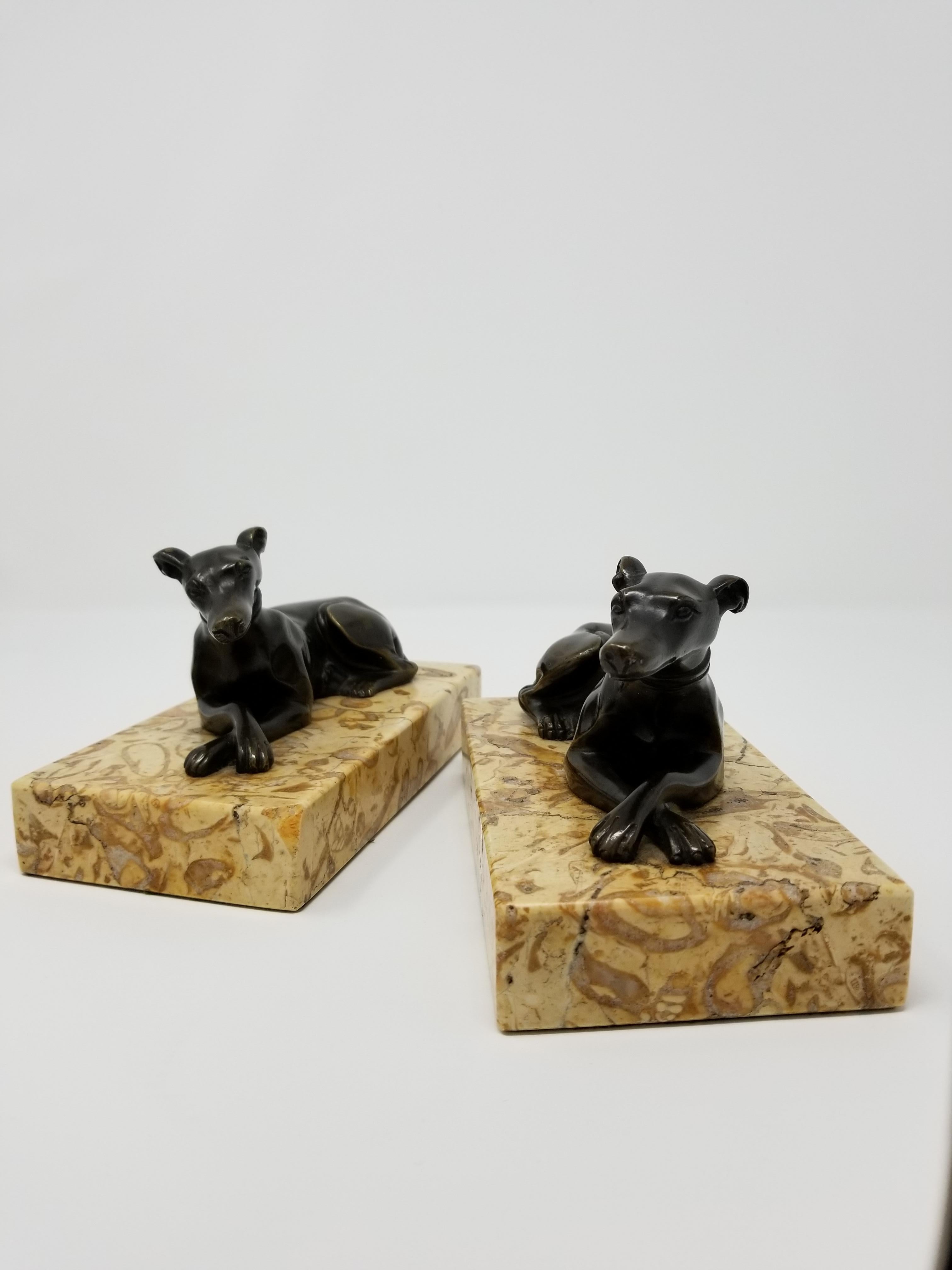 Italian Pair of Antique Grand Tour Patinated Bronze Grey Hounds Seated Marble Plinths For Sale