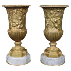 Pair of Antique Grand Tour Style Bronze and Marble Camapana Vases Urns