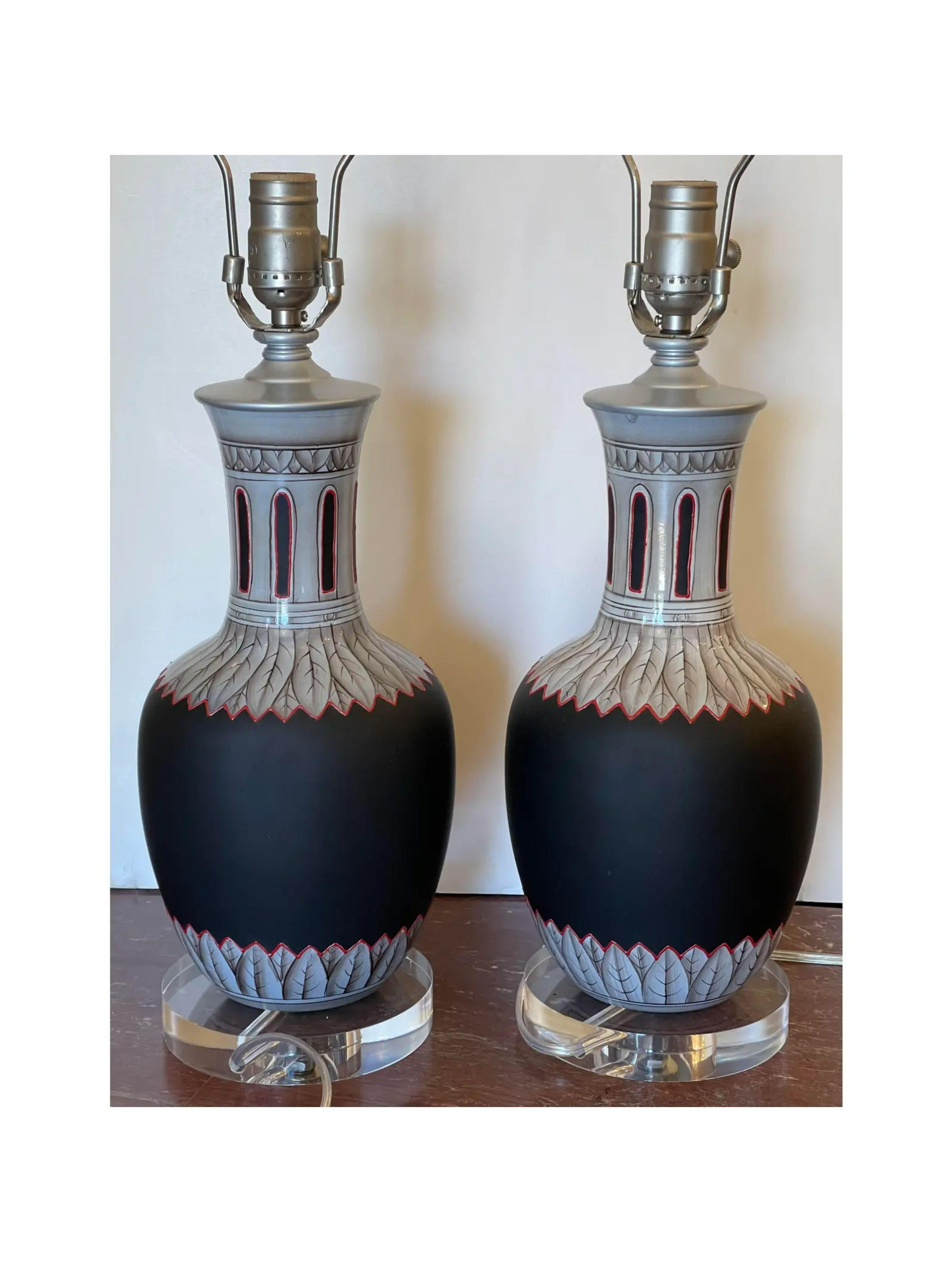 Antique Greco Roman enamel glass vases now designer table lamps - a Pair

Additional information: 
Materials: Enamel, Glass, Lights, Lucite
Color: Black
Period: 19th Century
Styles: Italian
Lamp Shade: Not Included
Power Sources: Up to 120V