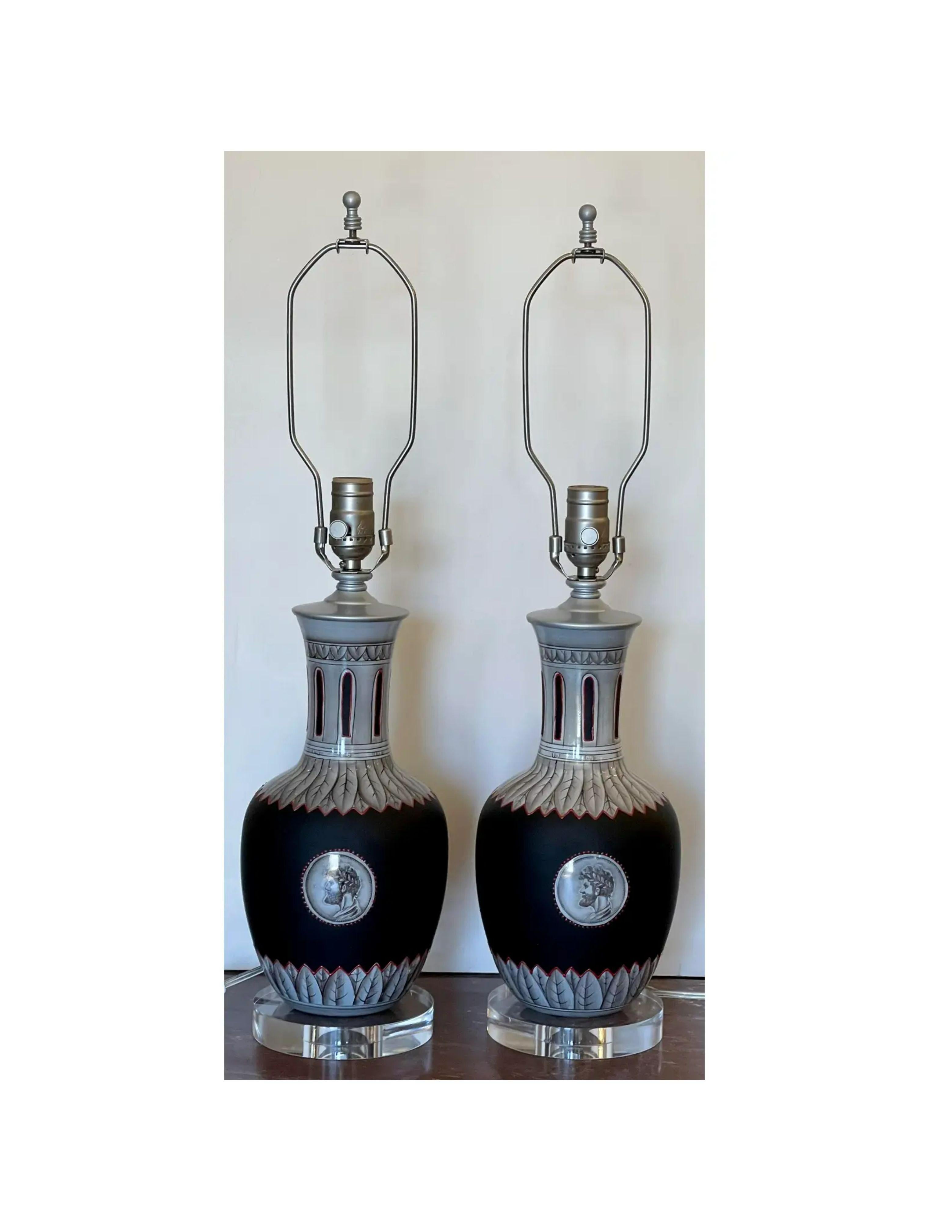 Pair of Antique Greco Roman Enamel Glass Vases Now Designer Table Lamps In Good Condition In LOS ANGELES, CA