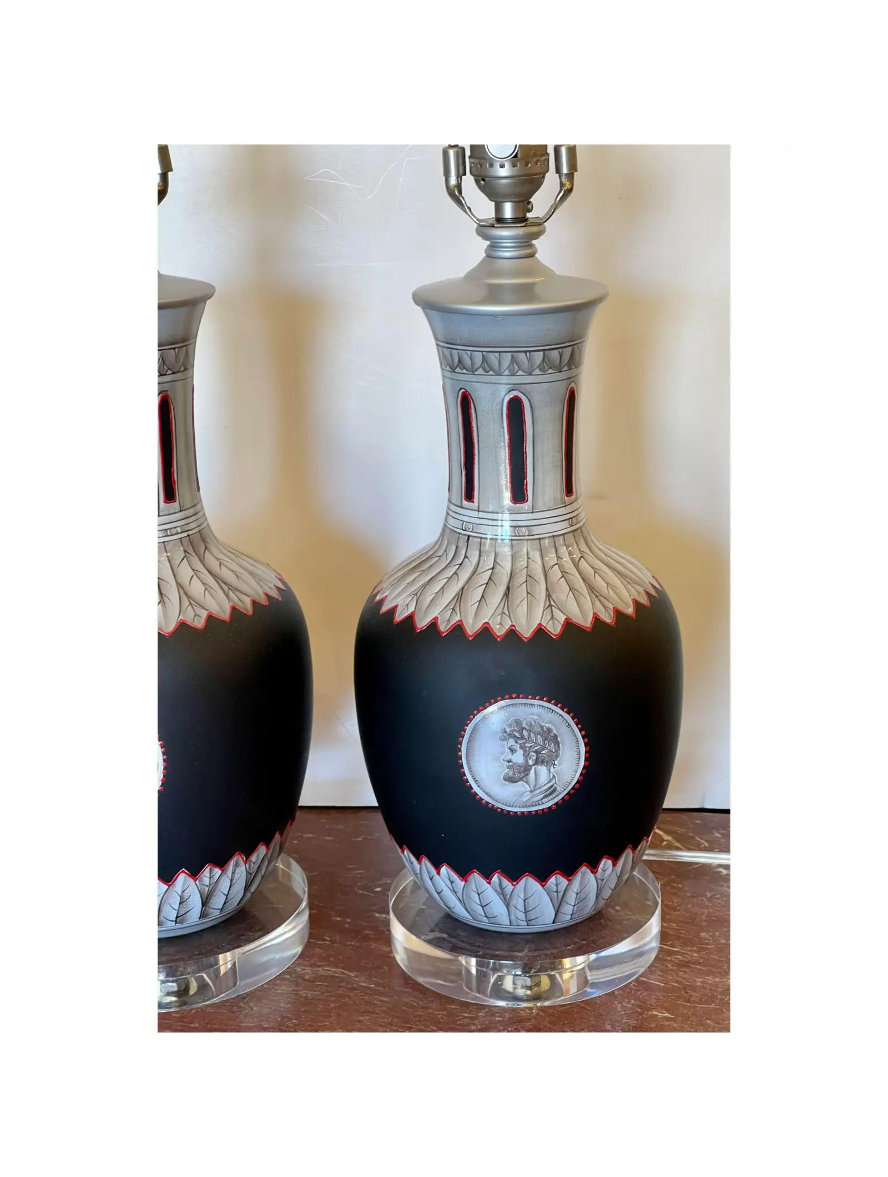 19th Century Pair of Antique Greco Roman Enamel Glass Vases Now Designer Table Lamps