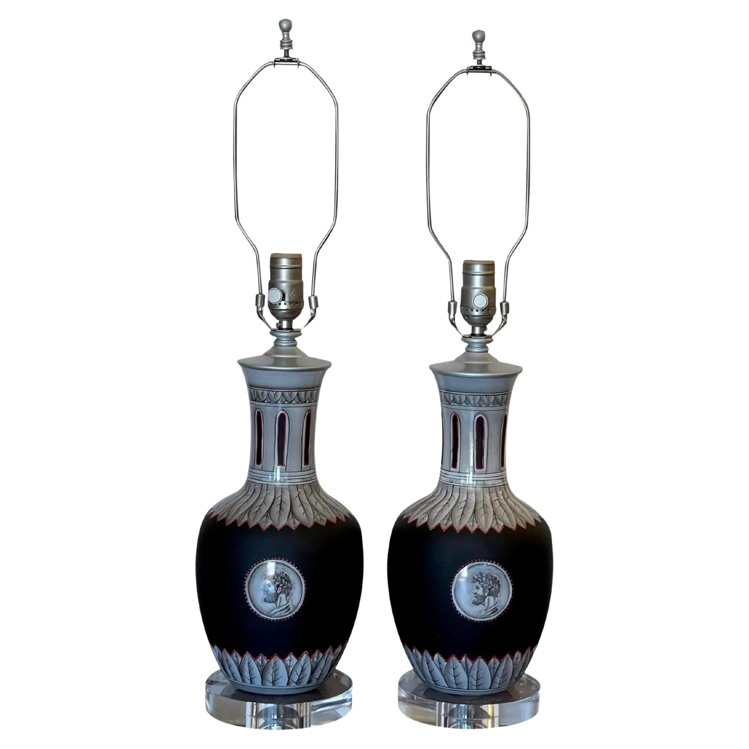 Pair of Antique Greco Roman Enamel Glass Vases Now Designer Table Lamps