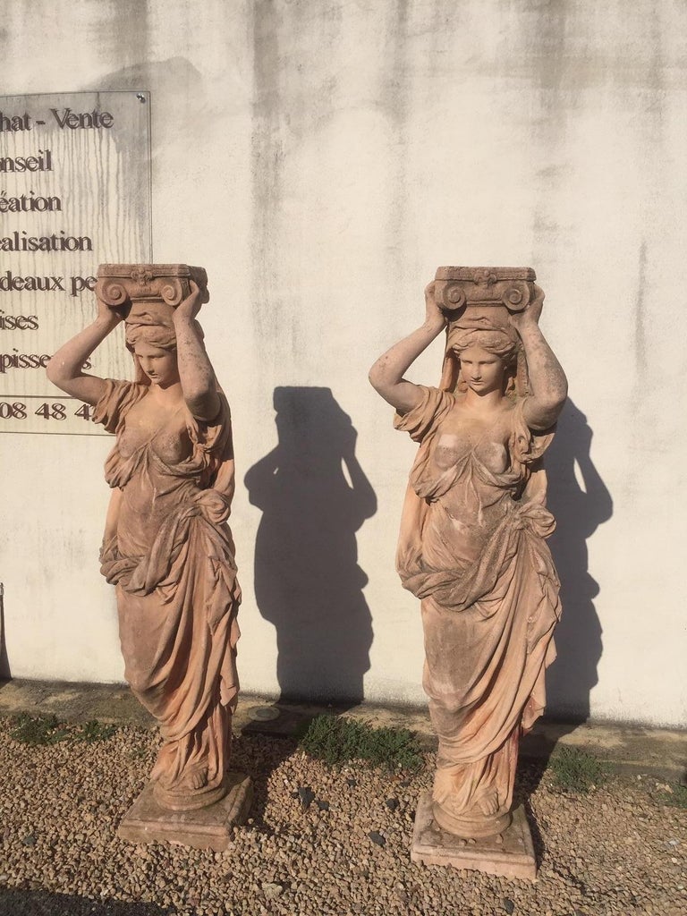 Pair of Antique Greek Cariatide Stone Statues, 1950s at 1stDibs