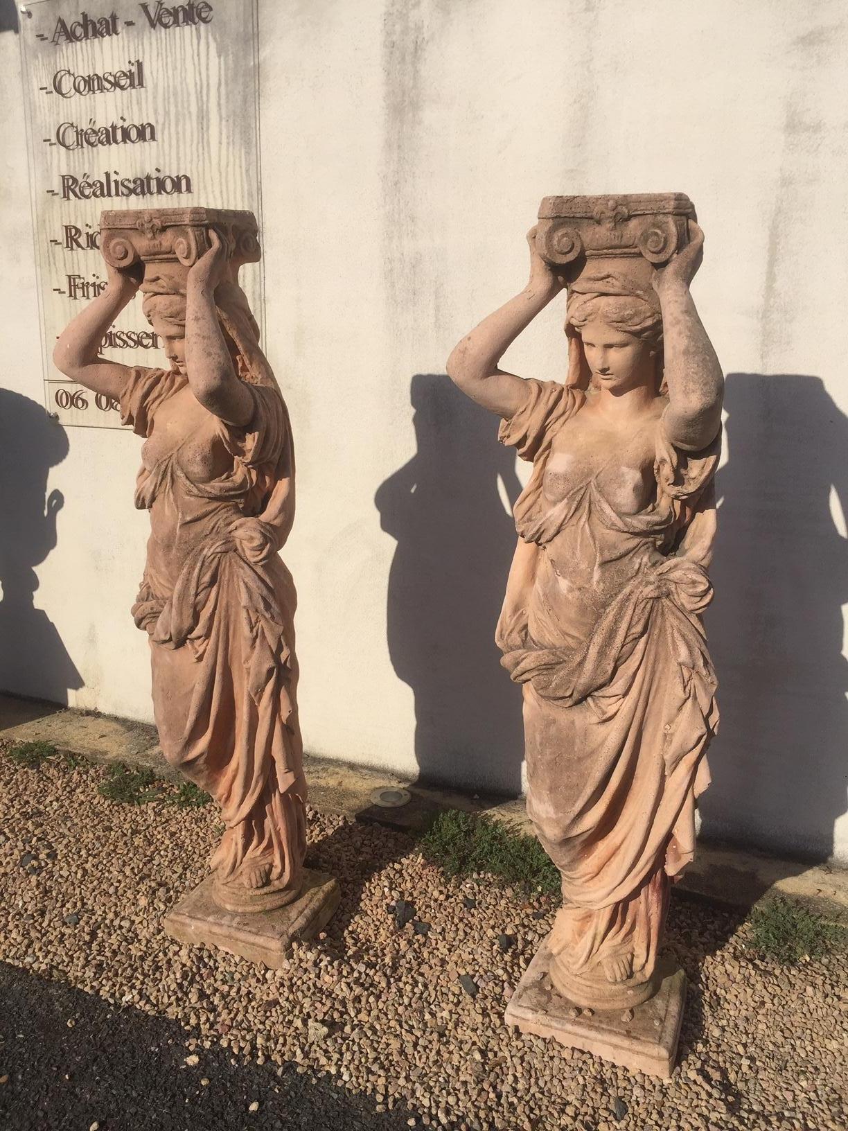 French Pair of Antique Greek Cariatide Stone Statues, 1950s