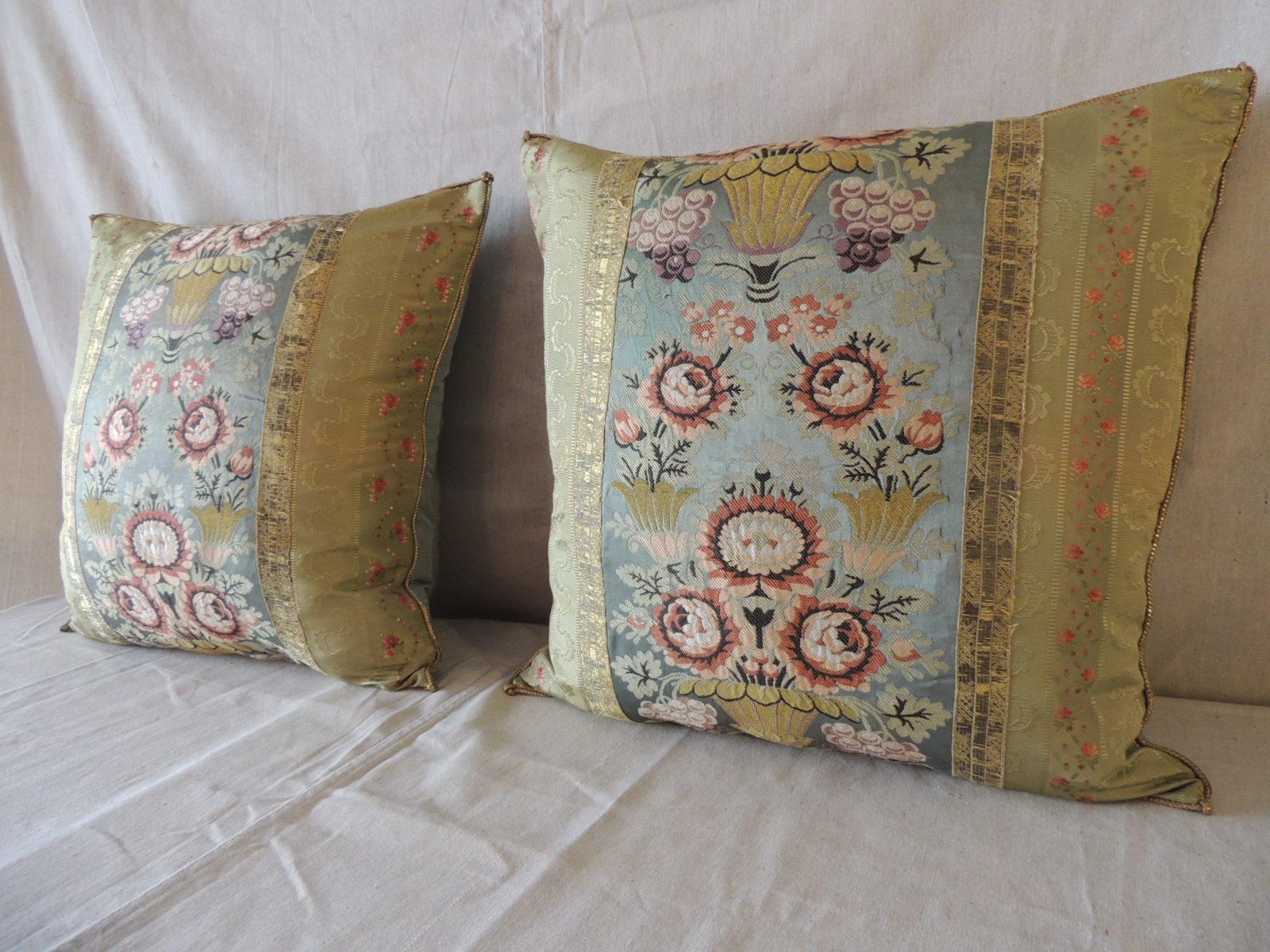 Regency Pair of Antique Green and Gold Silk Square Decorative Pillows