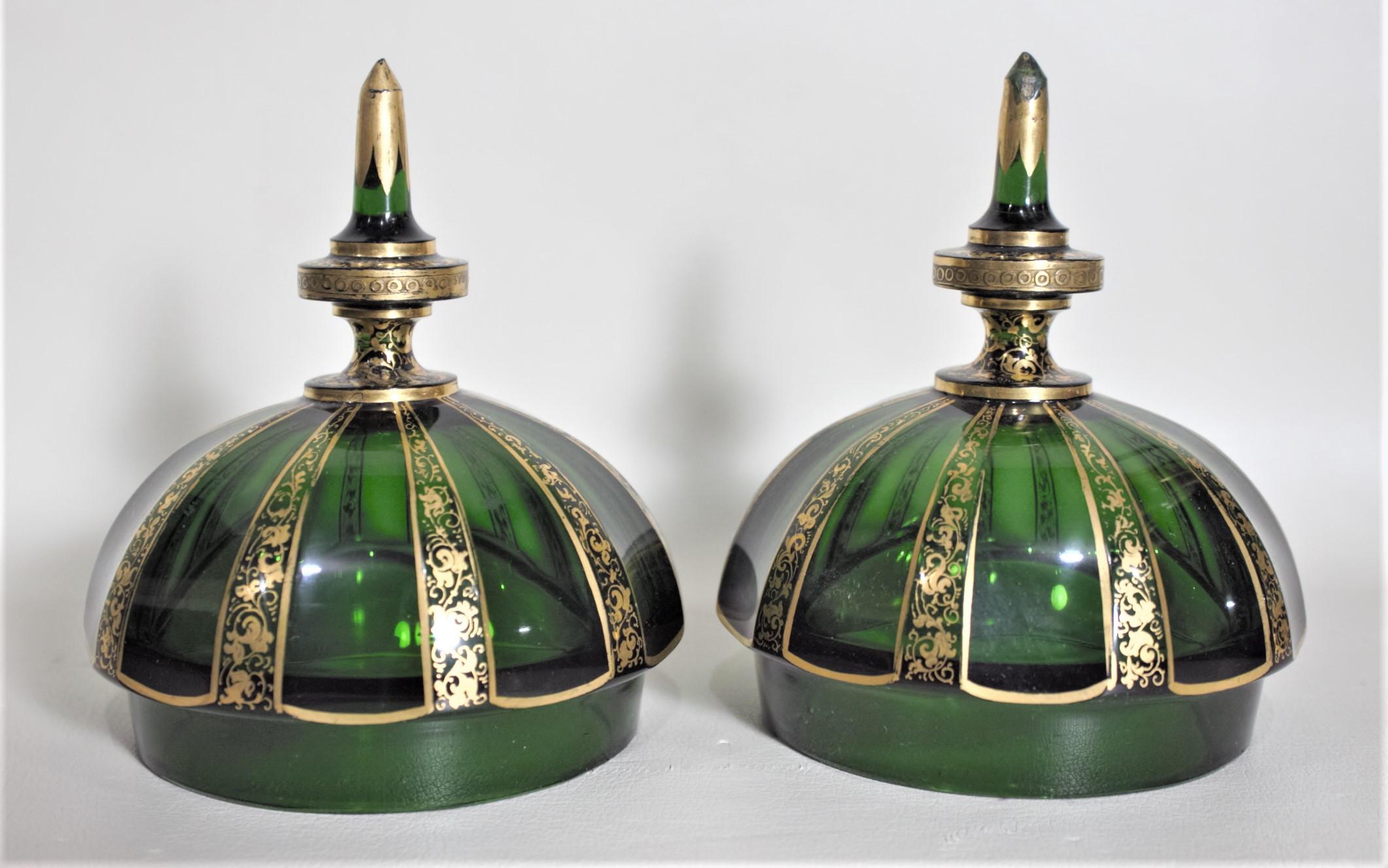 Pair of Antique Green Bohemian Covered Glass Urns with Heavy Gilt Decoration For Sale 6