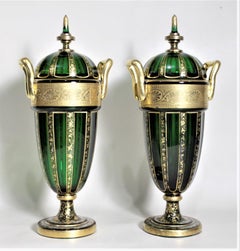 Pair of Antique Green Bohemian Covered Glass Urns with Heavy Gilt Decoration