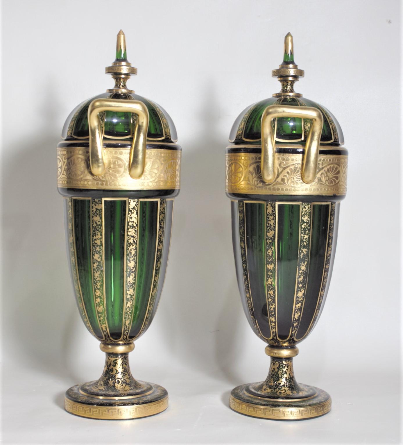 Pair of Antique Green Bohemian Covered Glass Urns with Heavy Gilt Decoration In Distressed Condition For Sale In Hamilton, Ontario