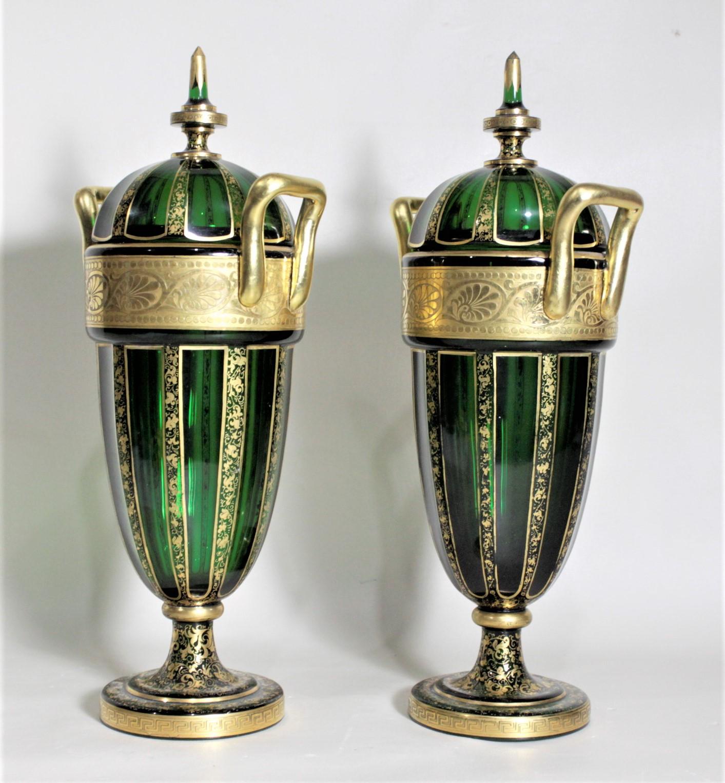 Pair of Antique Green Bohemian Covered Glass Urns with Heavy Gilt Decoration For Sale 1