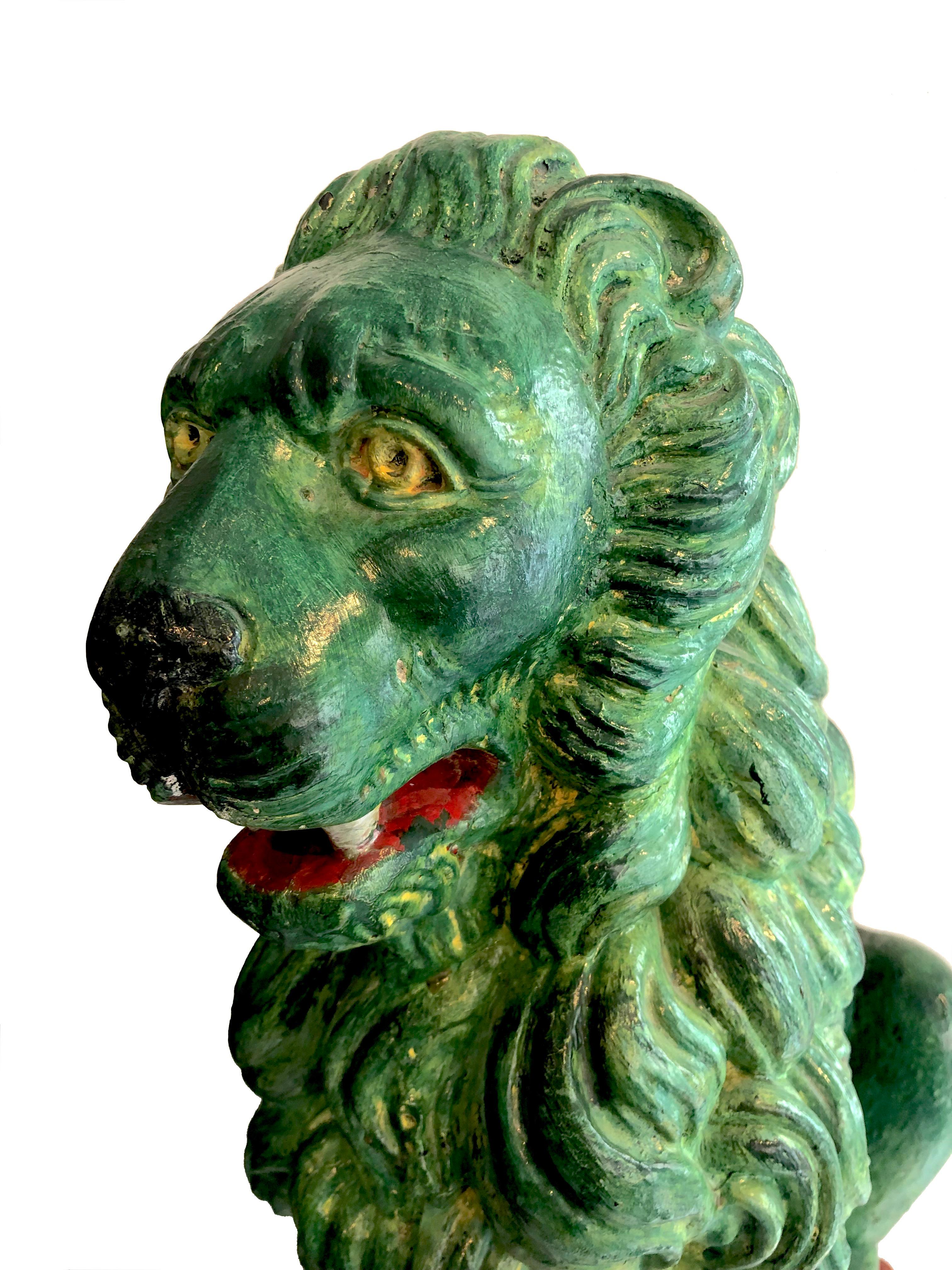 Qing Pair of Antique Green Chinese Stone Cast Lions Sculptures Garden Ornaments