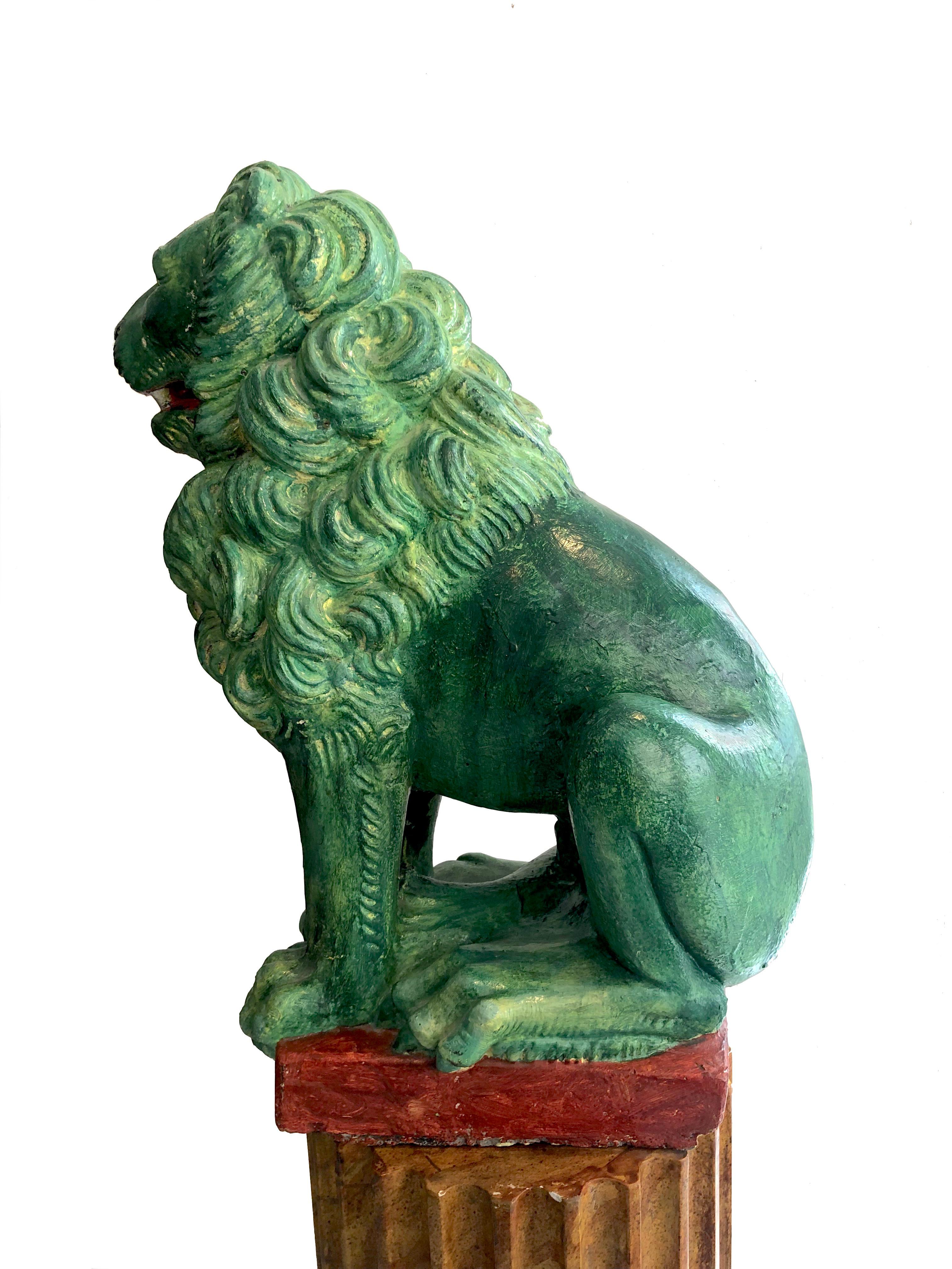 Pair of Antique Green Chinese Stone Cast Lions Sculptures Garden Ornaments In Good Condition In Munich, DE