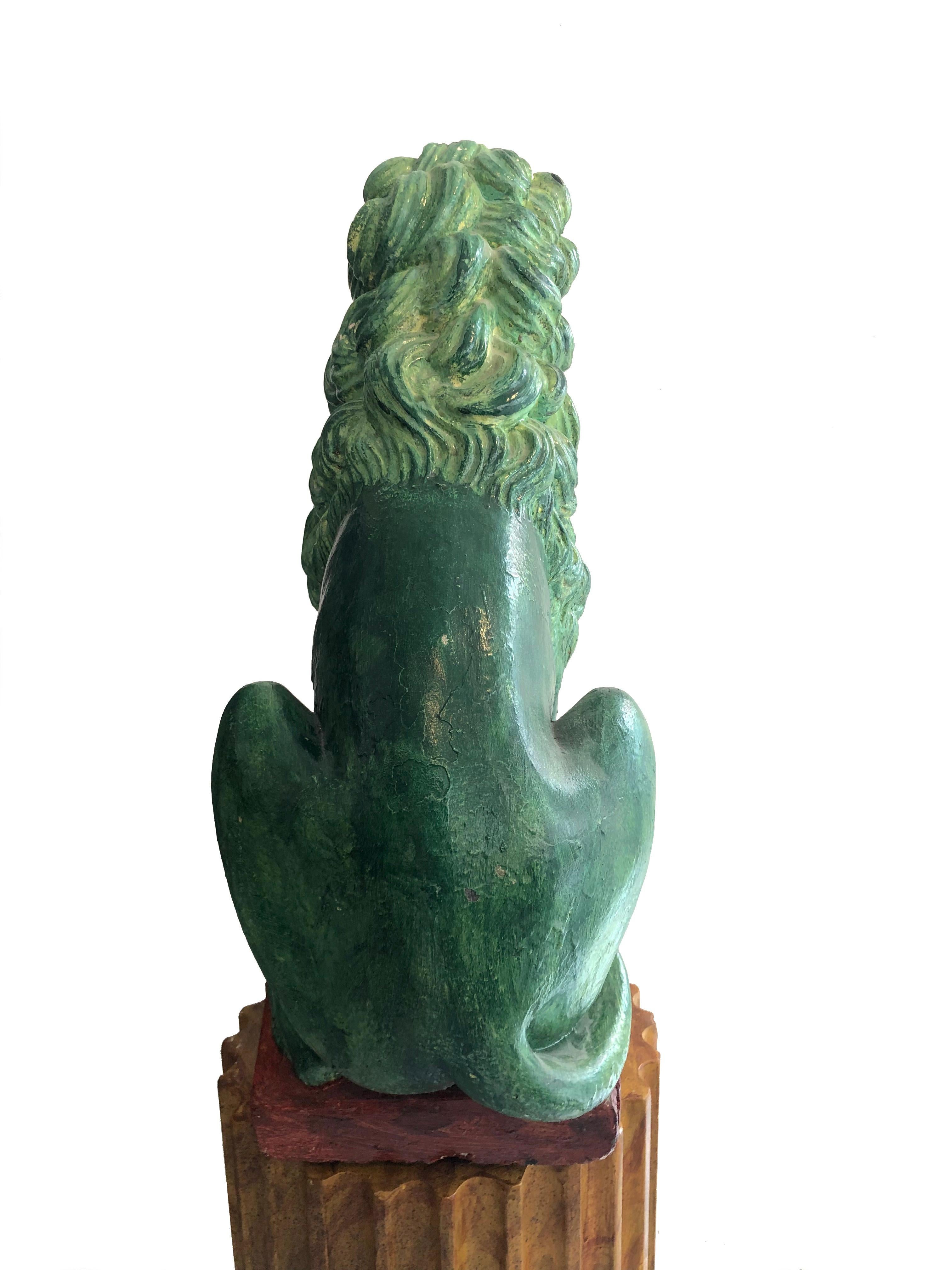Early 20th Century Pair of Antique Green Chinese Stone Cast Lions Sculptures Garden Ornaments