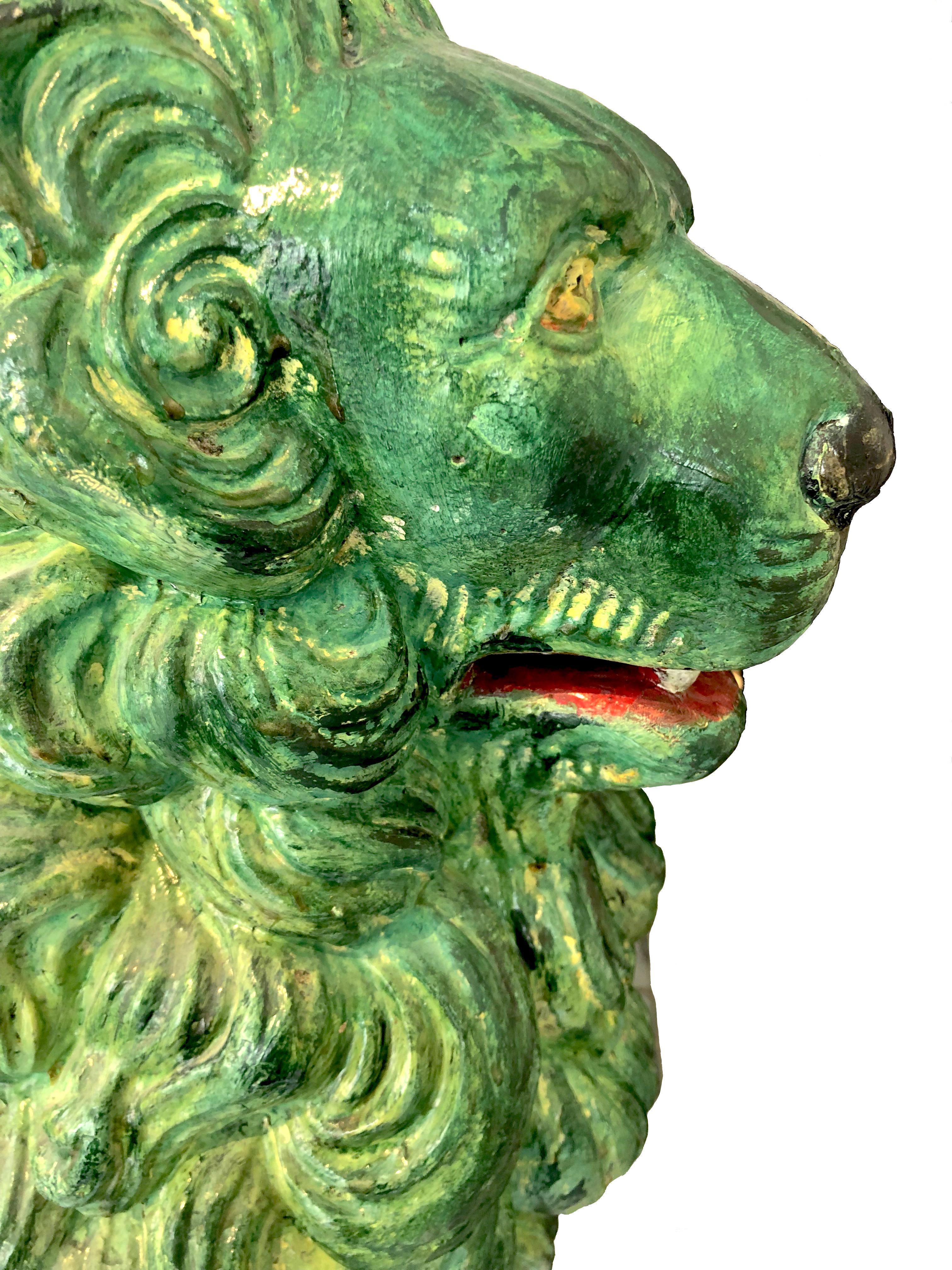 Pair of Antique Green Chinese Stone Cast Lions Sculptures Garden Ornaments 1