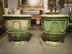Pair of Antique Green Glazed Terra Cotta Pots from Salon-de-Provence, France
