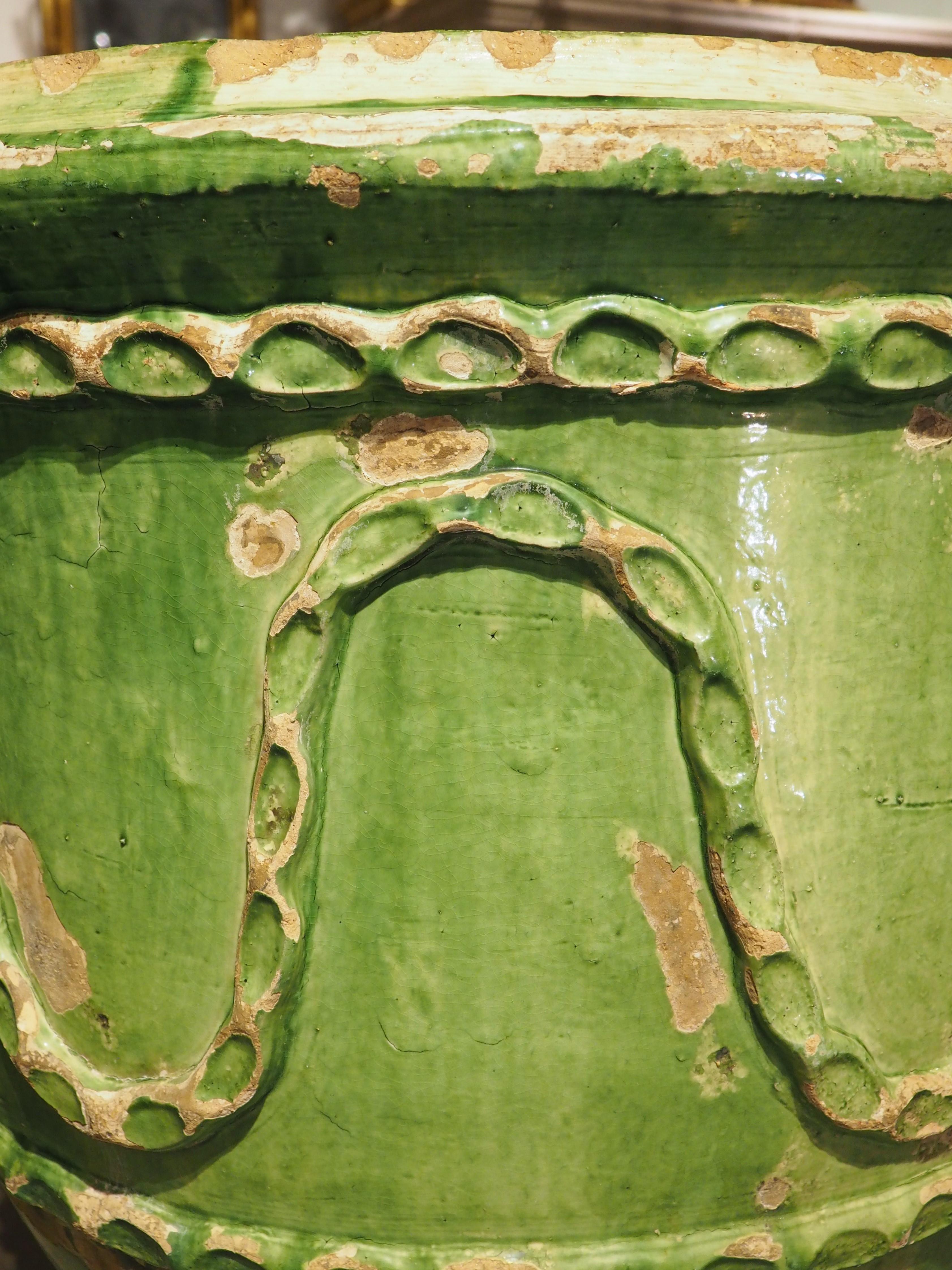 Pair of Antique Green Glazed Terra Cotta Pots from Salon-de-Provence, France In Good Condition In Dallas, TX