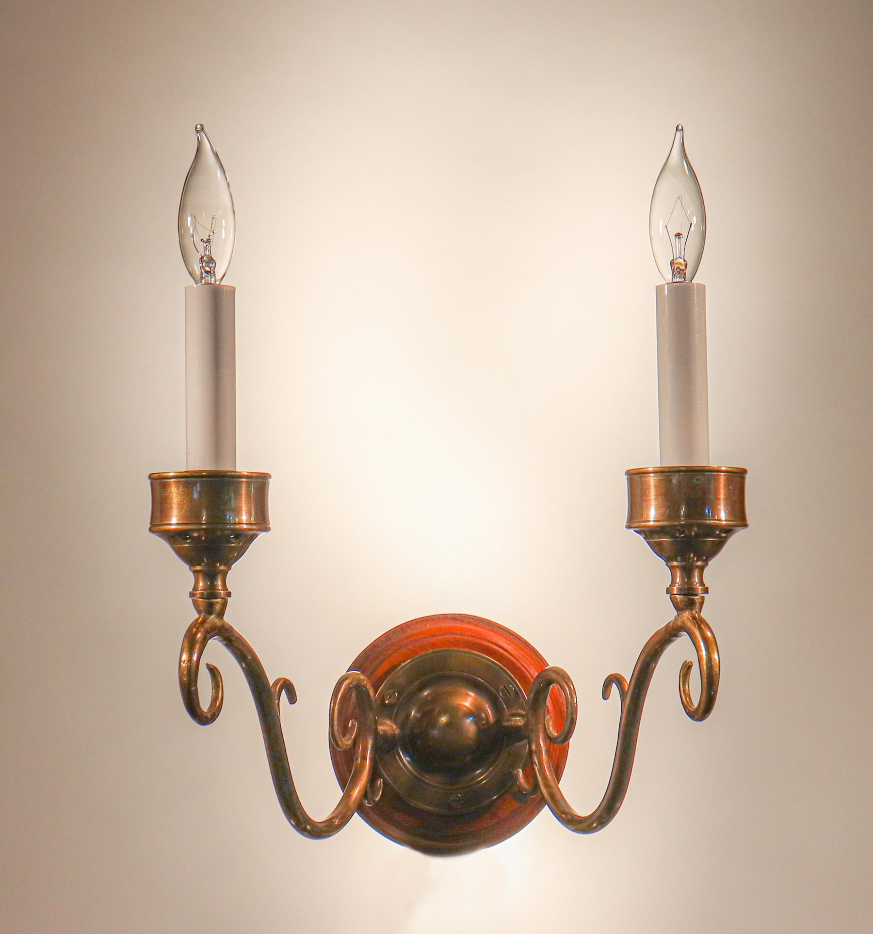 Etched Pair of Antique Green Hurricane Shade Double Arm Wall Sconces