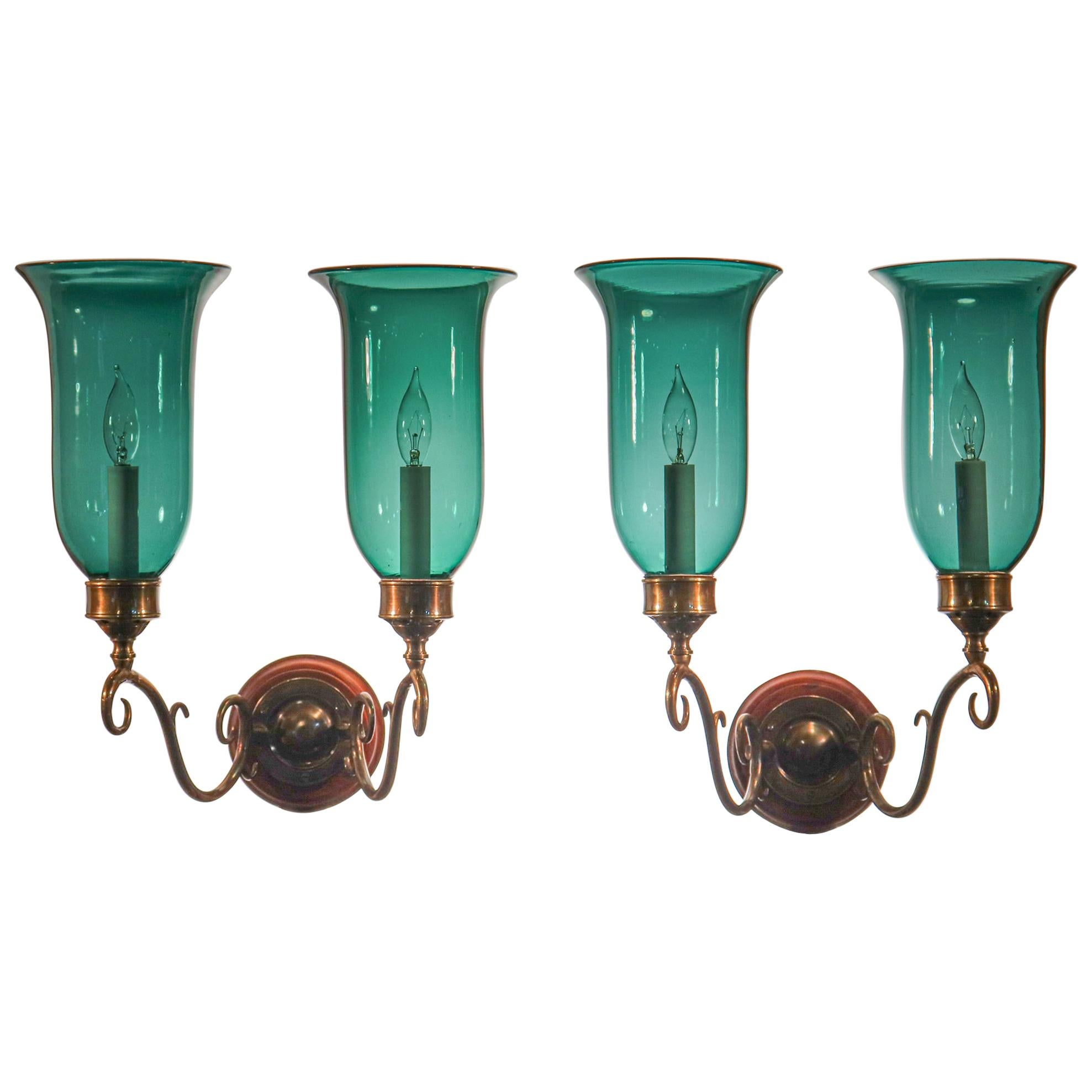 Pair of Antique Green Hurricane Shade Double Arm Wall Sconces