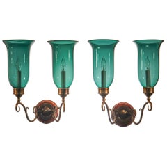 Pair of Antique Green Hurricane Shade Double Arm Wall Sconces