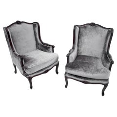 Pair of antique grey/silver wingback armchairs, France, circa 1920.