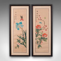 Pair Of Antique Guo Hua Panels, Oriental Art, Watercolour, Woven Silk, Edwardian